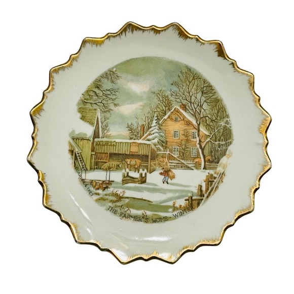 Vintage Set of 4 Gold Scalloped Edge Currier & Ives Dish Plates Made in Japan - Picture 3 of 6